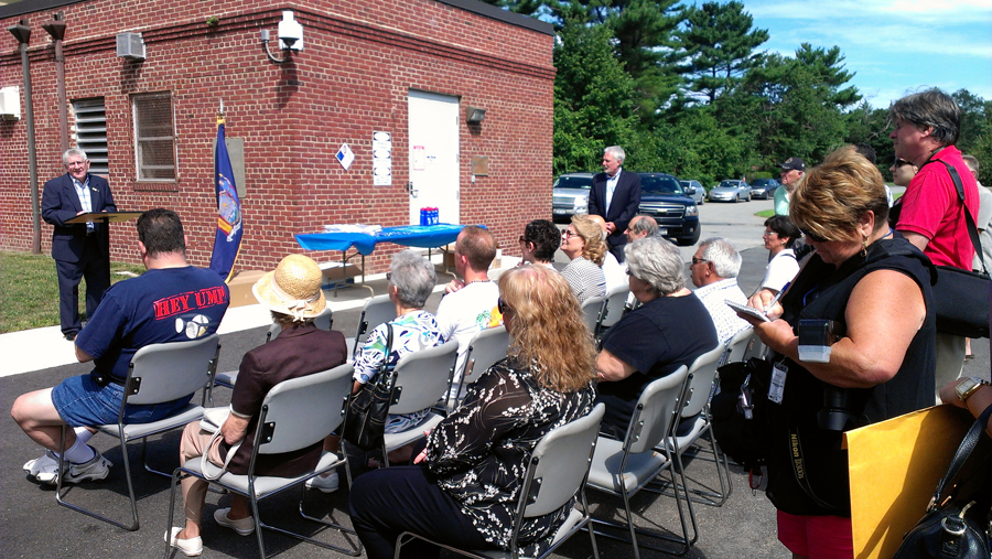 Hicksville Water District Board of Commissioners Chairman Nicholas Brigandi welcomes the residents, elected officials and civic association members to the symbolic ribbon cutting celebrating the renovations at Plant #6 on Kuhl Avenue in Hicksville, NY.